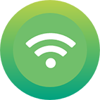 White Wifi logo mad eup of 3 lines on a green circle background